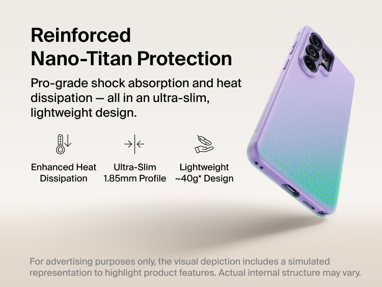 Belkin SheerForce Protect Series Case for Samsung Galaxy S26 featuring reinforced Nano-Titan protection, ultra-slim 1.85 mm profile, lightweight design, and enhanced shock absorption with heat dissipation.