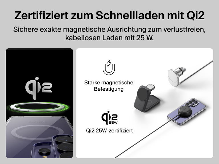 Belkin SheerForce Clear Series Case for Samsung Galaxy S26 shown supporting Qi2-certified 25W wireless charging with secure magnetic alignment for fast, efficient, and reliable charging.