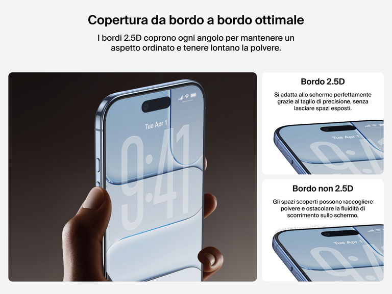 Il proteggi schermo Belkin ScreenForce InvisiGlass &egrave; caratterizzato da bordi 2.5D per una copertura ottimale e da un rivestimento liscio che previene l'accumulo di polvere e sporco.