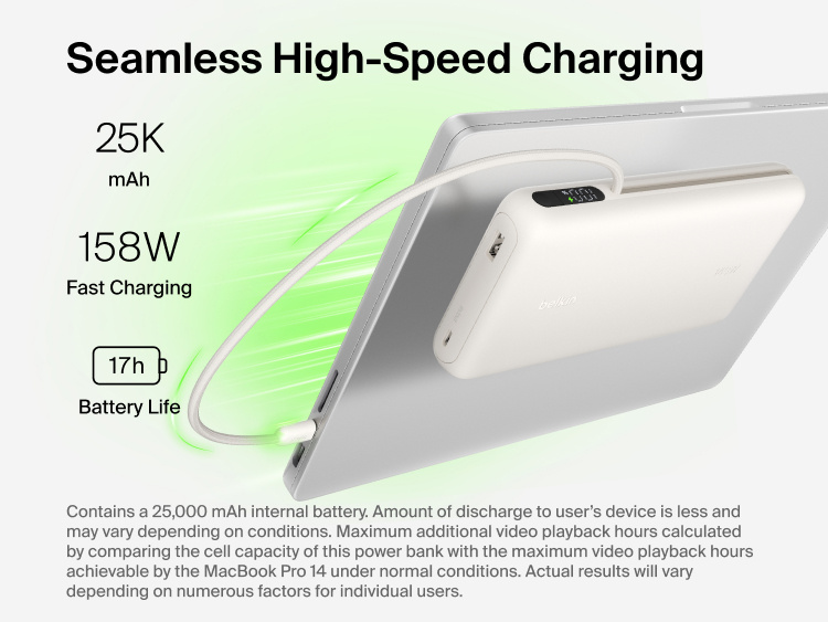 Belkin UltraCharge Pro Laptop Power Bank 25K delivering up to 158W fast charging with integrated USB-C cable connected to a laptop, 25,000 mAh capacity and digital display