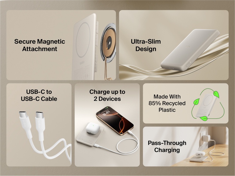 Belkin BoostCharge Slim Magnetic Power Bank 5K shown highlighting key features including secure magnetic ring, ultra-slim design, USB-C to USB-C cable, dual device charging, recycled materials, and pass-through charging capability.