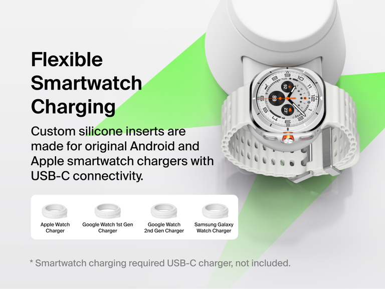Belkin UltraCharge Modular Charging Dock with Qi2 25W featuring flexible smartwatch charging with interchangeable inserts compatible with Apple Watch, Google Watch, and Samsung Galaxy Watch USB-C chargers.