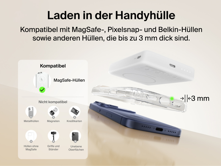 Belkin BoostCharge Slim Magnetic Power Bank 10K charging through a MagSafe-compatible phone case up to 3mm thick with clear compatibility and non-compatible case examples