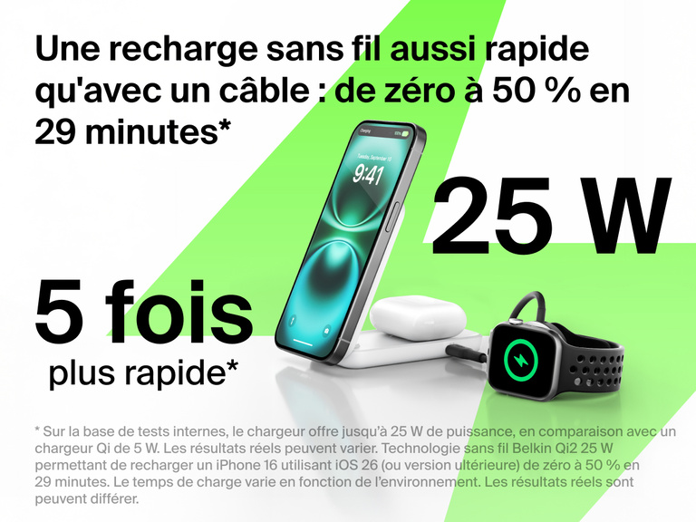 Socle de recharge 2-en-1 aimanté et pliable Belkin UltraCharge avec Qi2 25 W rechargeant un iPhone, des AirPods et une Apple Watch jusqu'à 50 % en 29 minutes, des performances sans fil 5 fois plus rapides.