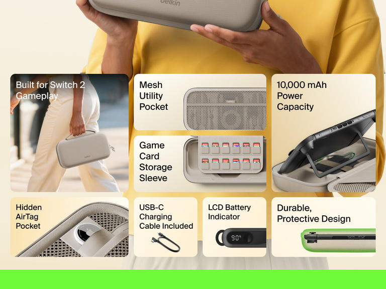 Infographic showcasing the Belkin Gaming Charging Case for Nintendo Switch 2 with features like 10,000 mAh power capacity, game card storage sleeve, USB-C cable, LCD battery indicator, mesh pocket, hidden AirTag pocket, and a durable, protective design.
