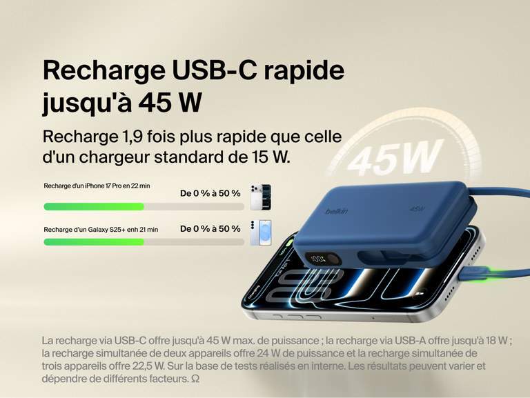 Belkin UltraCharge 10K power bank with integrated USB-C cable and digital display delivering up to 45W fast charging for smartphones and portable devices