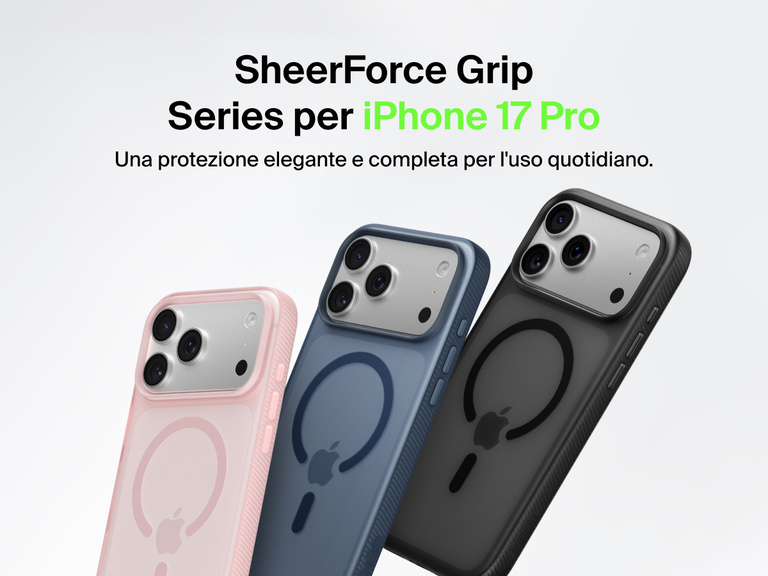 Belkin SheerForce Grip Series protective case for iPhone 17 shown in pink, clear, and black with slim design and MagSafe compatibility.