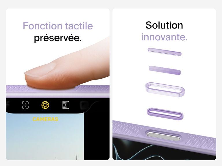 Belkin SheerForce Grip Series Case for iPhone 17 with MagSafe ring, raised edges, and floating tinted buttons for precision protection.