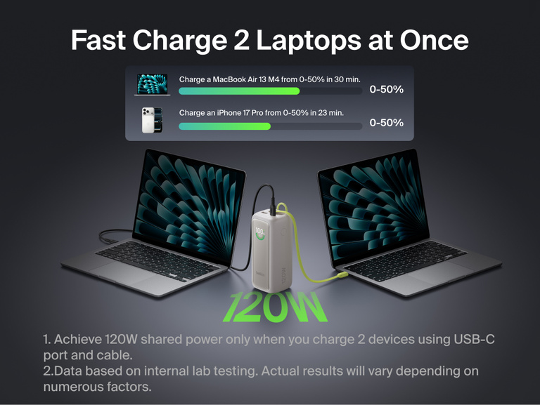 UltraCharge Power Bank 22K with Retractable Cable shown with its casing open to reveal the internal battery cells, illustrating 22,000mAh capacity for multiple laptop and phone charges
