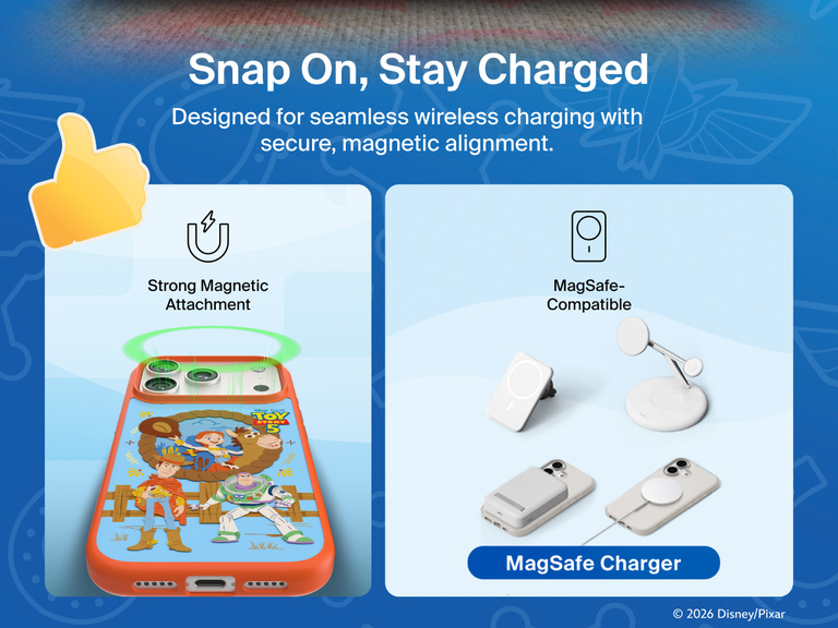 Belkin SheerForce Clear Toy Story 5 iPhone case highlighting MagSafe compatibility, magnetic alignment, raised edges, and integrated Camera Control button.
