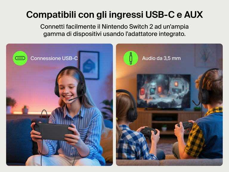 Bambini che usano le cuffie con filo e microfono Inspire per Nintendo Switch 2 Belkin Gaming, dimostrando la connettività USB-C e AUX da 3,5 mm per la compatibilità con diversi dispositivi di gioco.