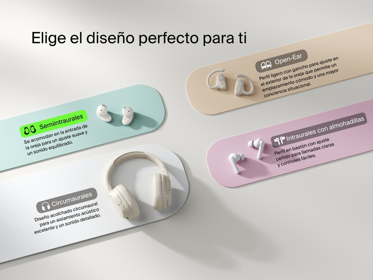 Belkin SoundForm Anywhere Wireless Earbuds shown as a semi in-ear fit option alongside open-ear, in-ear with eartips, and over-ear styles for the perfect fit.