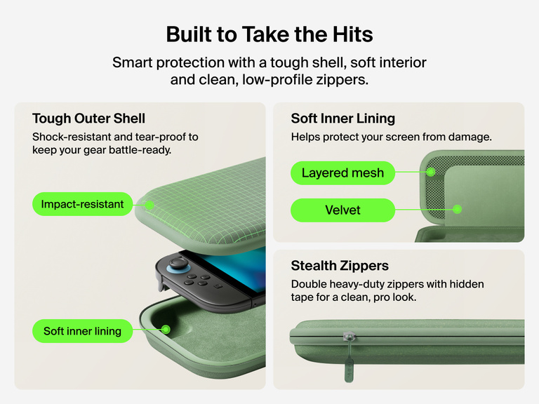 Belkin Gaming Travel Case for Nintendo Switch 2 features a tough outer shell, soft velvet and mesh interior, and stealth zippers for durable, protective, and stylish portability.