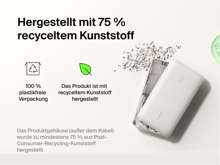 Belkin UltraCharge 10K power bank with integrated USB-C cable and digital display made with 75% recycled plastic and eco-friendly packaging