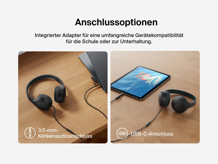 Side-by-side images showing Belkin Wired On-Ear Headphones for Kids connected to a laptop via 3.5mm audio jack and to a tablet via USB-C, demonstrating broad device compatibility.