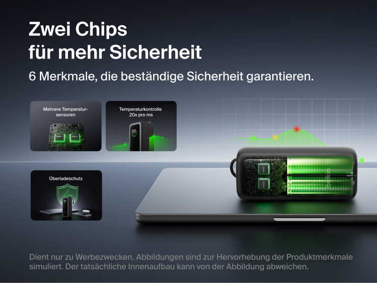 UltraCharge Powerbank 22K mit einziehbarem Kabel, zerlegt auf einem Laptop dargestellt, um das interne Dual-Chip-Design sichtbar zu machen. Es werden die Temperatursensoren, kontinuierliche Temperatur&uuml;berwachung und der &Uuml;berladungsschutz veranschaulicht.