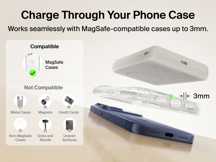 Belkin BoostCharge Slim Magnetic Power Bank 10K charging through MagSafe-compatible phone case up to 3mm thickness with secure magnetic alignment