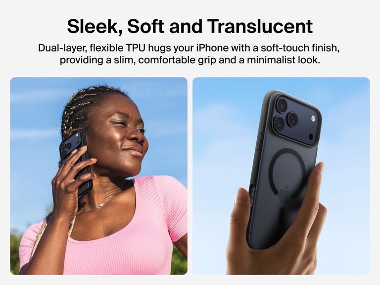 Belkin SheerForce Grip Series Case for iPhone 17 with slim translucent design and soft-touch finish for a comfortable grip.