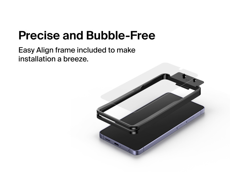 Belkin ScreenForce Titan EcoGuard Red Light Screen Protector for Samsung Galaxy S26 shown with Easy Align frame for precise, bubble-free installation and accurate screen coverage.