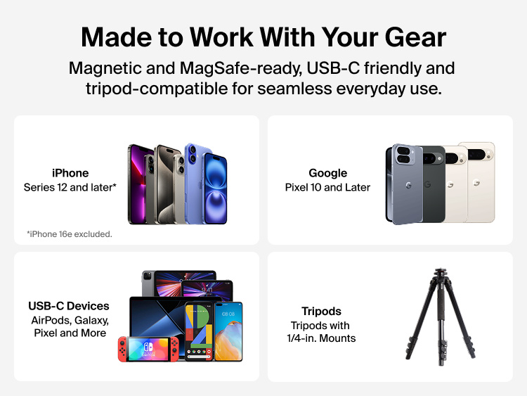 Belkin Stage PowerGrip compatibility chart showing support for iPhone 12 and later, Google Pixel 10 and later, USB-C devices like AirPods and Galaxy, and tripods with 1/4-inch mounts.