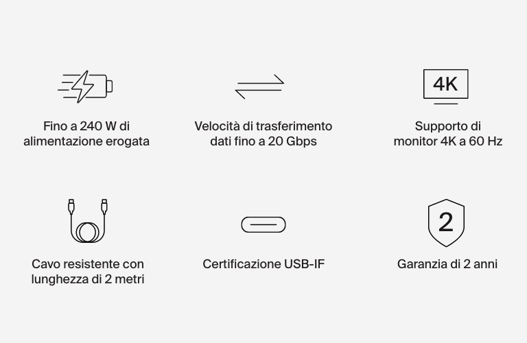 Belkin Connect Cavo USB4, cavo di alimentazione da 2 metri, cavo USB-C-USB-C con Power Delivery da 240 W, 20 Gbps, cavo di ricarica compatibile con USB4, per MacBook, Windows, Chromebook e altri