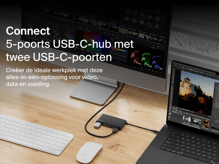 Belkin Connect 5-Port USB-C Hub with Dual USB-C Ports shown on a desk connecting a laptop and monitor for display, data transfer, and charging.