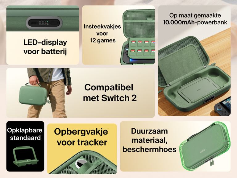 Feature overview of the Belkin Gaming Charging Case Pro for Nintendo Switch 2 highlighting built-in 10K power bank, LED battery indicator, flip-up stand, game card storage, smart tracker pocket, and durable protective design.
