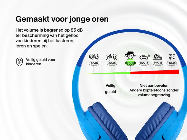 Graphic highlighting the kid-safe design of Belkin Wired On-Ear Headphones for Kids, featuring an 85dB volume limiter to protect sensitive hearing during listening, learning, and play.