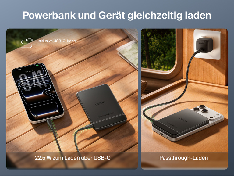 Es wird gezeigt, dass sich die Belkin UltraCharge Pro schlanke magnetische Powerbank 5K mit BoostSolid-Zelle zum Laden mit 22,5&nbsp;W &uuml;ber USB-C und zum Passthrough-Laden mit einem Smartphone eignet.