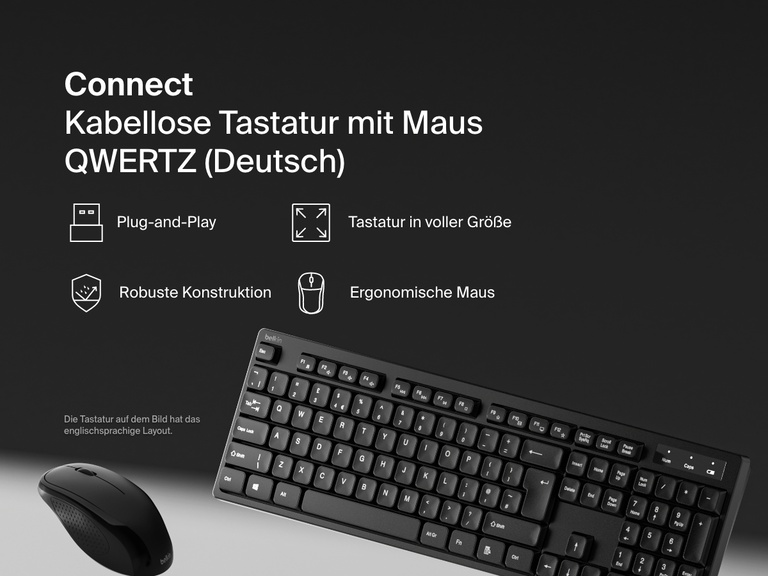 Ein schwarzes kabelloses Belkin Connect Tastatur-Maus-Set wird vor einem dunklen Hintergrund gezeigt. Symbole und Text heben die Einrichtung mit Plug-and-Play, die Tastatur in voller Größe, die robuste Konstruktion und die ergonomische Maus hervor.