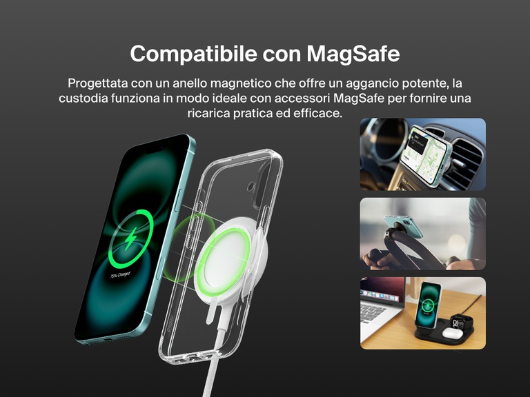 A promotional image showcasing the SheerForce™ Magnetic iPhone Case's MagSafe compatibility. The image highlights how the case securely attaches to MagSafe accessories, including car mounts, phone stands, and wireless charging docks, ensuring a seamless and efficient charging experience. The transparent case features a built-in magnetic ring for a strong connection to MagSafe-enabled devices.