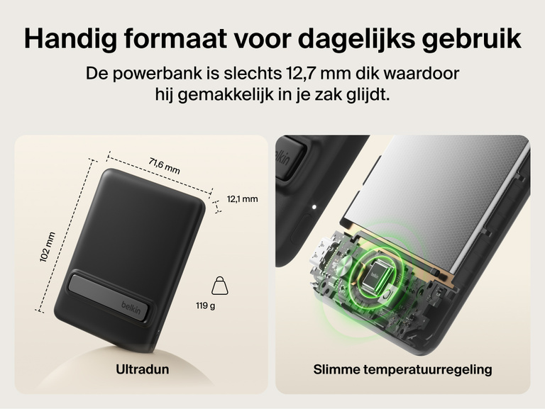 Belkin BoostCharge Slim Magnetic Power Bank 5K with Qi2 highlighting an ultra-slim, lightweight design with smart thermal control for safe, pocket-friendly portable charging.