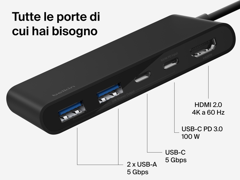 Belkin Connect 5-Port USB-C Hub with Dual USB-C Ports includes HDMI 2.0 4K@60Hz, USB-C PD 3.0 100W, USB-C 5Gbps, and dual USB-A 5Gbps ports.