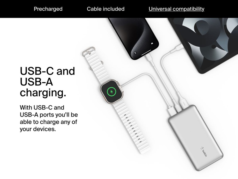 A silver Belkin BoostCharge Power Bank 10K is shown charging multiple devices, including an Apple Watch, an iPhone, and an iPad, using both USB-C and USB-A ports for universal compatibility.