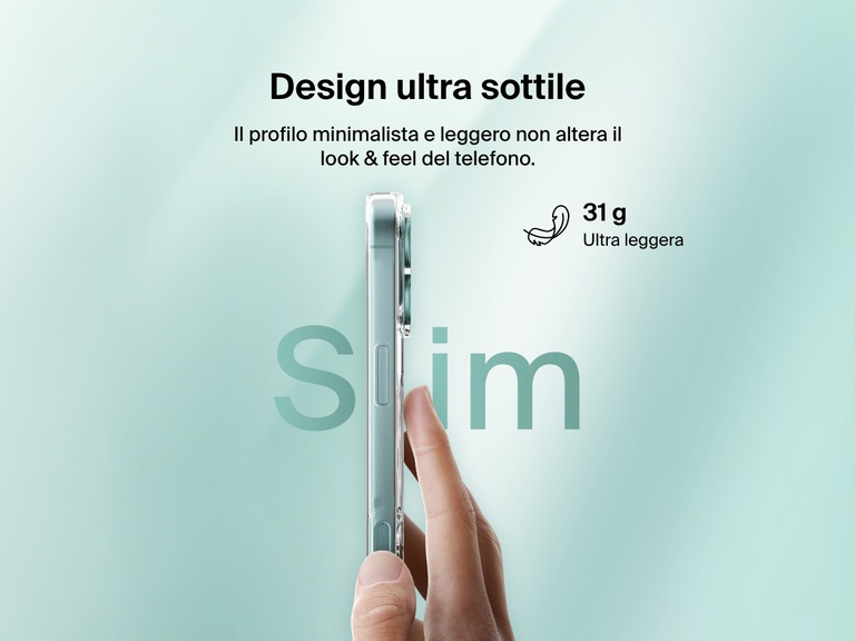 A promotional image showcasing the ultra-thin design of the SheerForce™ Magnetic iPhone Case. A hand holds the slim, lightweight case, emphasizing its minimalist form factor that maintains the phone’s natural look and feel. The text highlights the 31g ultra-light weight, ensuring a comfortable and sleek user experience.