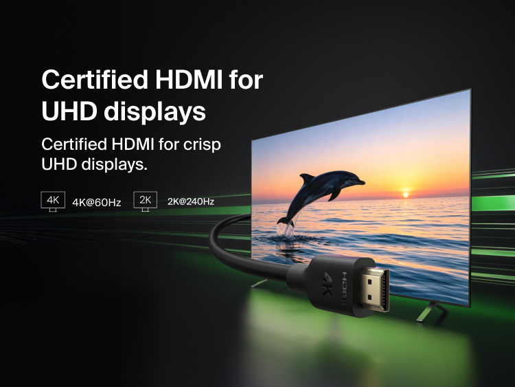 Connect Premium High-Speed HDMI&reg; Cable (4K) shown against a dark background with resolution specification callout, highlighting certified HDMI for crisp UHD displays at 4K@60Hz and 2K@240Hz