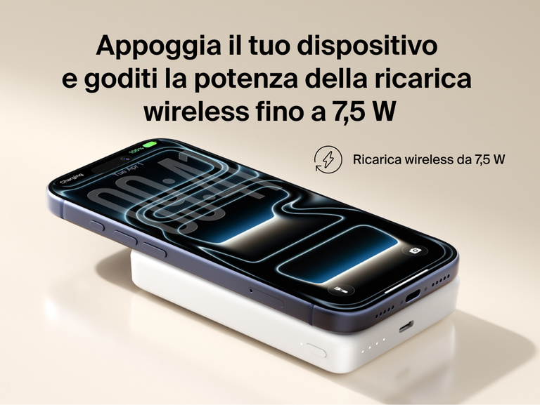 Belkin BoostCharge Slim Magnetic Power Bank 10K magnetically attached to a smartphone delivering 7.5W wireless charging in a slim portable design