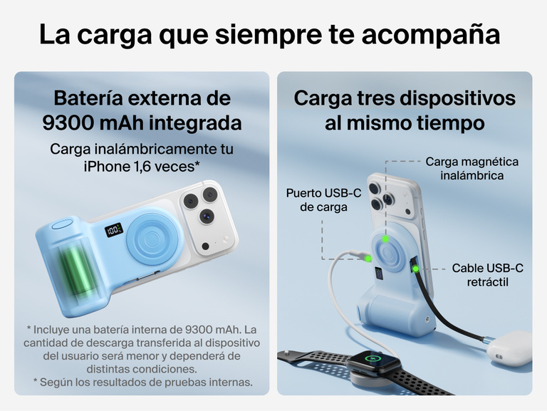 Belkin Stage PowerGrip compatibility chart showing support for iPhone 12 and later, Google Pixel 10 and later, USB-C devices like AirPods and Galaxy, and tripods with 1/4-inch mounts.