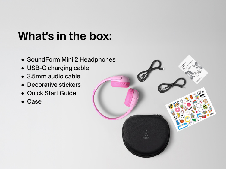 SoundForm Mini 2 Wireless On-Ear Headphones for Kids packaging contents showing headphones, USB-C charging cable, 3.5mm audio cable, decorative sticker sheet, case, and quick start guideSoundForm Mini 2 Wireless On-Ear Headphones for Kids packaging contents showing headphones, USB-C charging cable, 3.5mm audio cable, decorative sticker sheet, and quick start guide