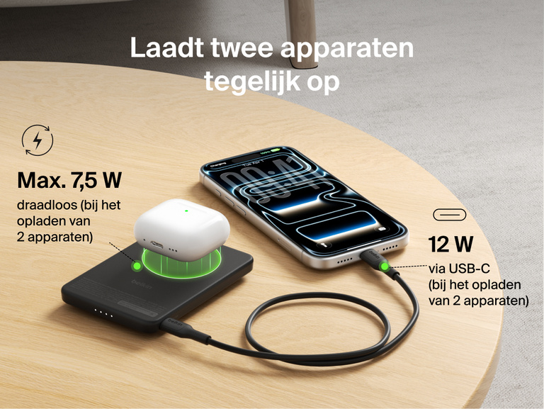 Belkin BoostCharge Slim Magnetic Power Bank 5K with Qi2 charging two devices simultaneously using magnetic wireless charging and USB-C wired output for shared power.