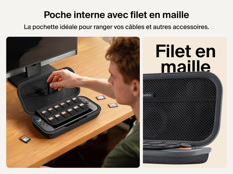Un joueur accédant au filet en maille de la pochette de rangement avec batterie externe Belkin Gaming pour Nintendo Switch 2 qui est idéale pour ranger câbles, accessoires et 12 cartes de jeux.