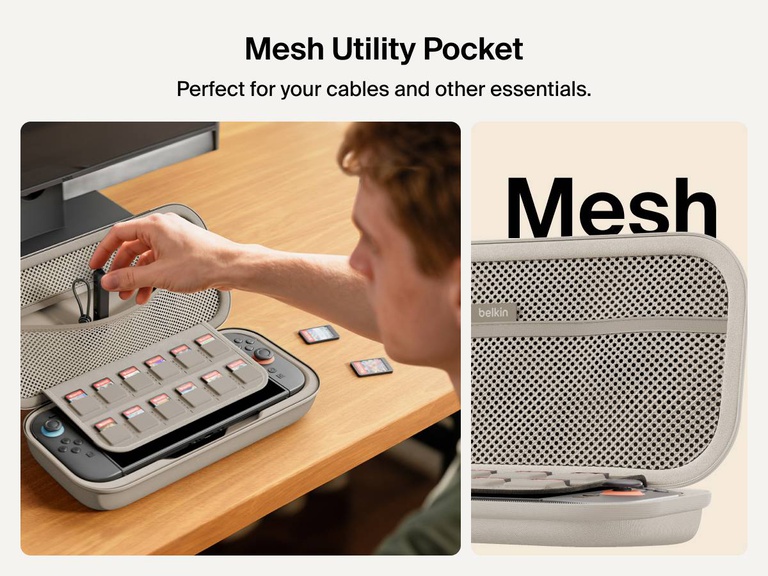 A gamer accesses the mesh utility pocket of the Belkin Gaming Charging Case for Nintendo Switch 2, ideal for storing cables and accessories alongside a 12-slot game card sleeve.
