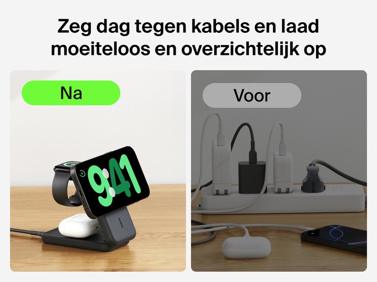 De Belkin UltraCharge 3-in-1 uitklapbare magnetische lader met Qi2 25W laadt meerdere apparaten draadloos op zonder wirwar van kabels, zoals ernaast te zien is.