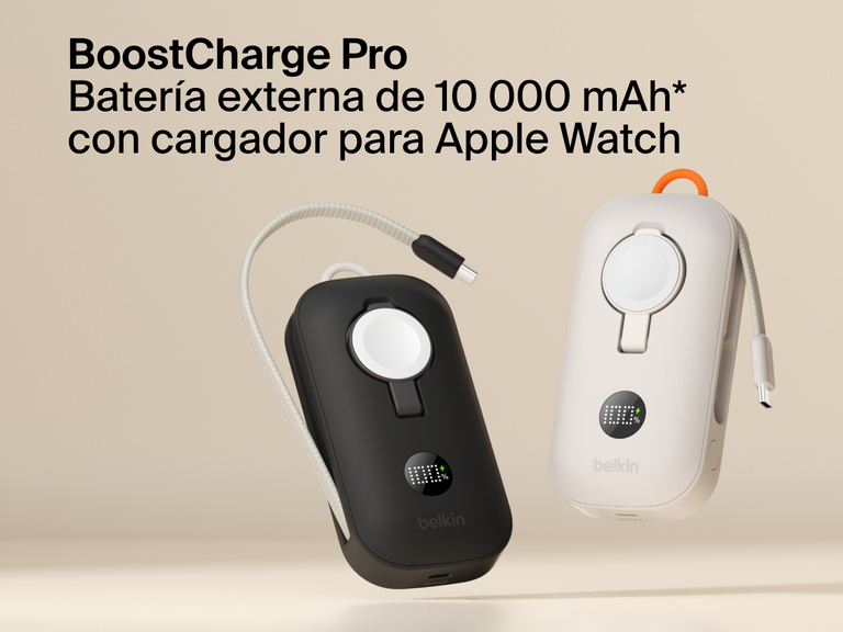 Se muestran modelos de la bater&iacute;a externa de 10 000 mAh con cargador de Apple Watch integrado Belkin BoostCharge Pro con cables trenzados USB-C en distintos colores: negro y beis.