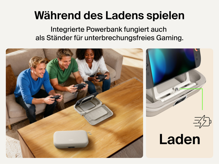Belkin Gaming Charging Case Pro for Nintendo Switch 2 shown playing while charging with built-in power bank stand enabling uninterrupted tabletop gameplay.