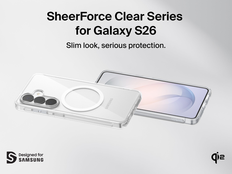 Belkin SheerForce Clear Series Case for Samsung Galaxy S26 shown on phone, featuring a slim, protective clear design with raised edges, precise cutouts, and Qi2 wireless charging compatibility.