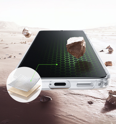 Smartphone resting on a rocky, desert-like surface with stones hovering above the screen, a green hexagonal pattern visible on the display, and an inset showing layered screen protector materials to illustrate impact protection.