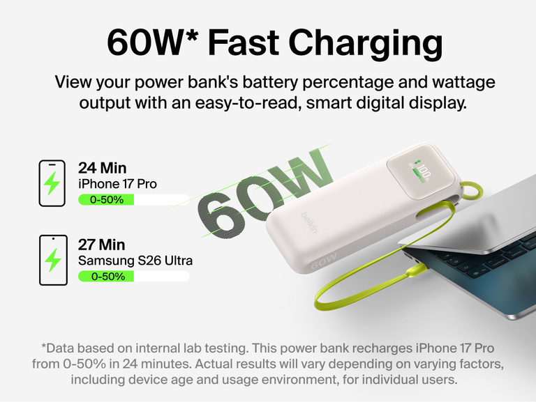 UltraCharge Power Bank 11K with Retractable Cable connected to a laptop, illustrating 60W fast charging that takes a phone from 0 to 50 percent in under 30 minutes
