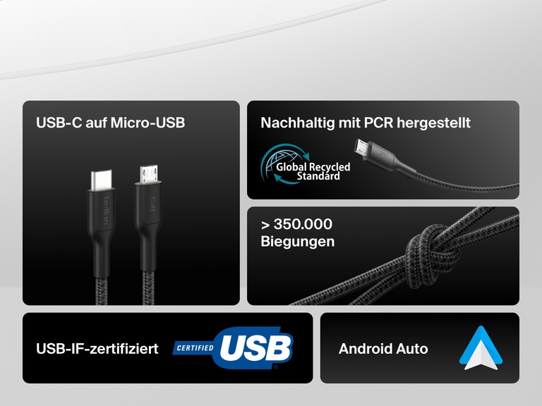 Feature callout graphic of the Belkin BoostCharge USB-C to Micro-USB Braided Cable 15W showcasing USB-IF certification, 350,000+ bend lifespan, PCR materials, and Android Auto compatibility.
