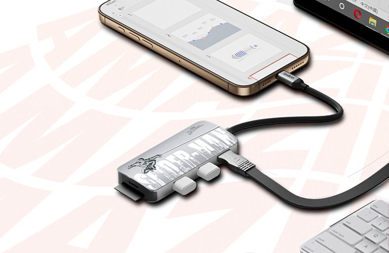 A Belkin Connect USB-C 5-in-1 Multiport Hub is shown partially tucked into a laptop sleeve, emphasizing its slim and portable design, with an inset image displaying its compact dimensions.